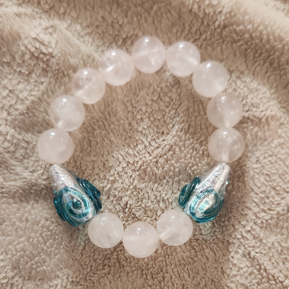 Quartz and Lampwork Beads Stretch Bracelet Sz 6.5